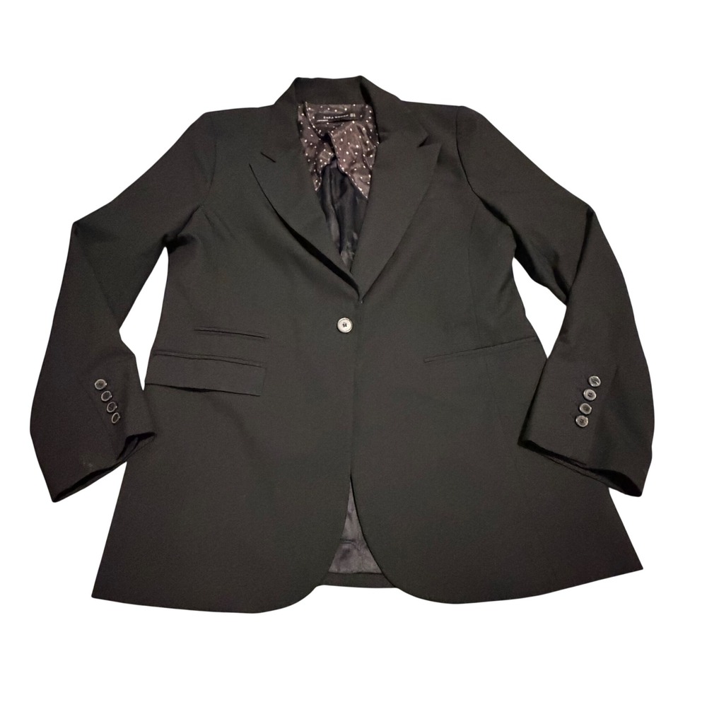 Zara Woman Black Single Button Blazer Star Print Lining XL Notched Lapel Pocket